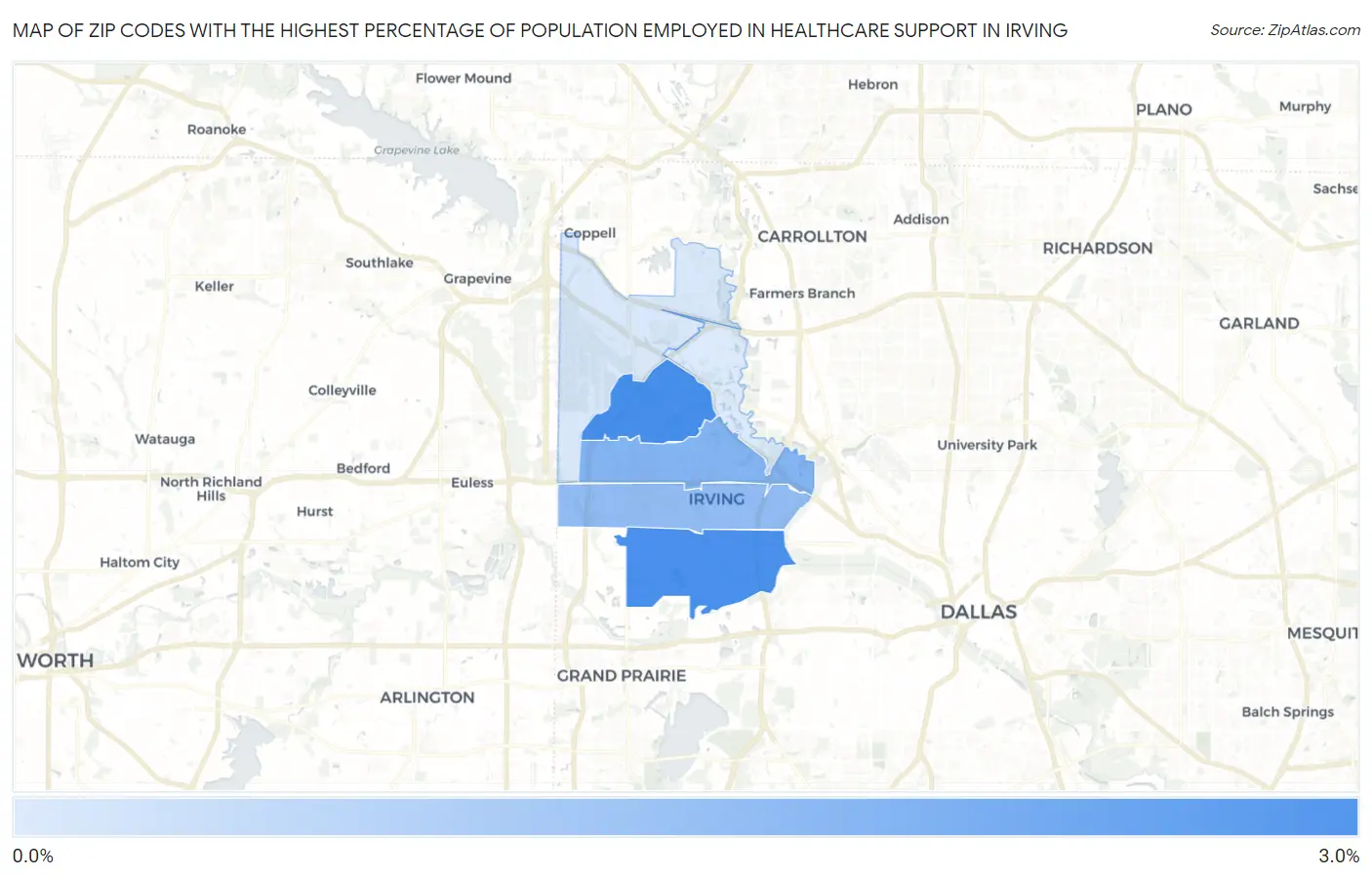 Zip Codes with the Highest Percentage of Population Employed in Healthcare Support in Irving Map
