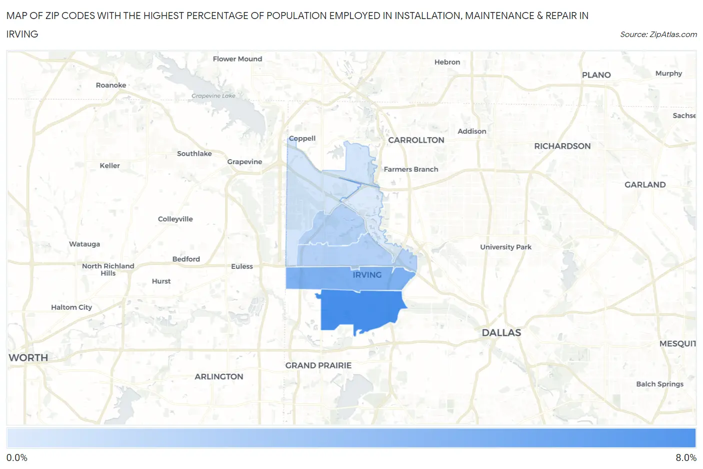Zip Codes with the Highest Percentage of Population Employed in Installation, Maintenance & Repair in Irving Map