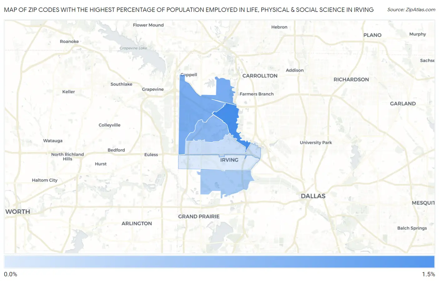 Zip Codes with the Highest Percentage of Population Employed in Life, Physical & Social Science in Irving Map