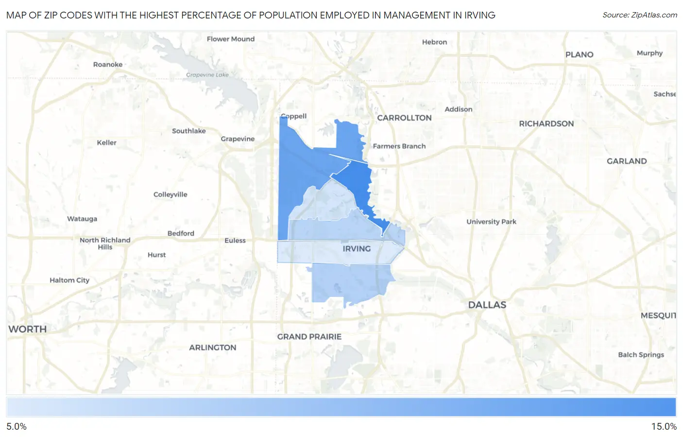 Zip Codes with the Highest Percentage of Population Employed in Management in Irving Map