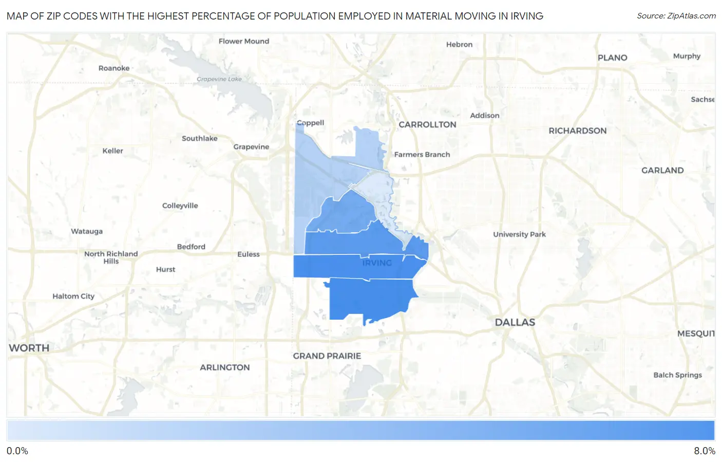 Zip Codes with the Highest Percentage of Population Employed in Material Moving in Irving Map