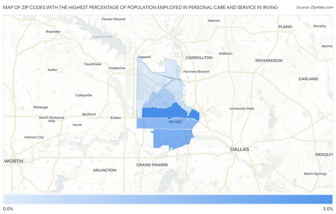 Zip Codes with the Highest Percentage of Population Employed in Personal Care and Service in Irving Map