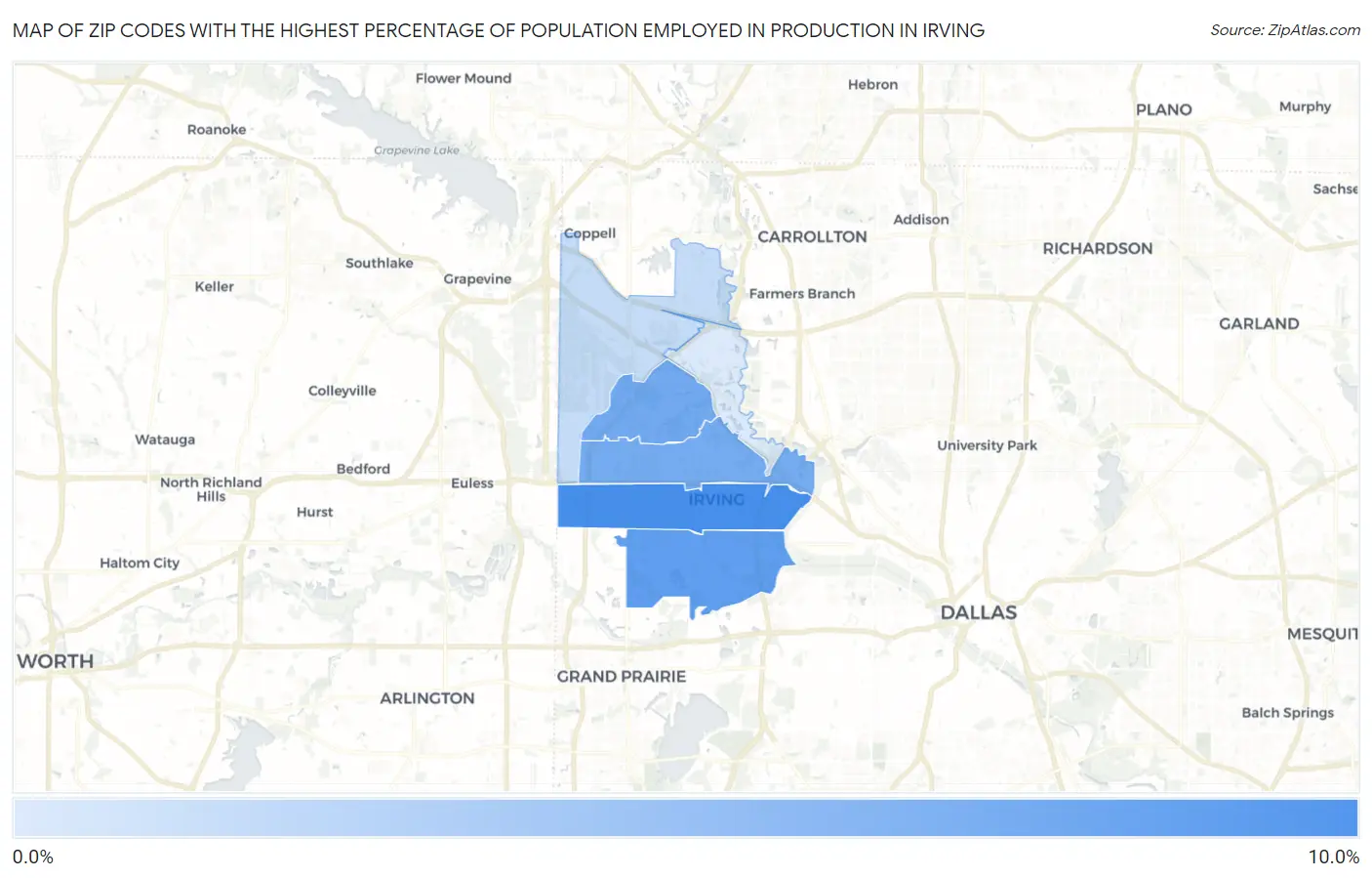 Zip Codes with the Highest Percentage of Population Employed in Production in Irving Map