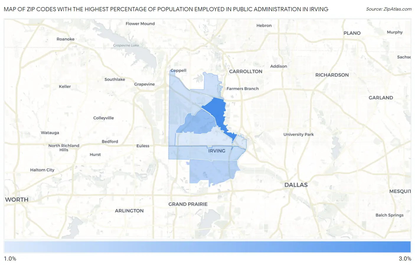 Zip Codes with the Highest Percentage of Population Employed in Public Administration in Irving Map