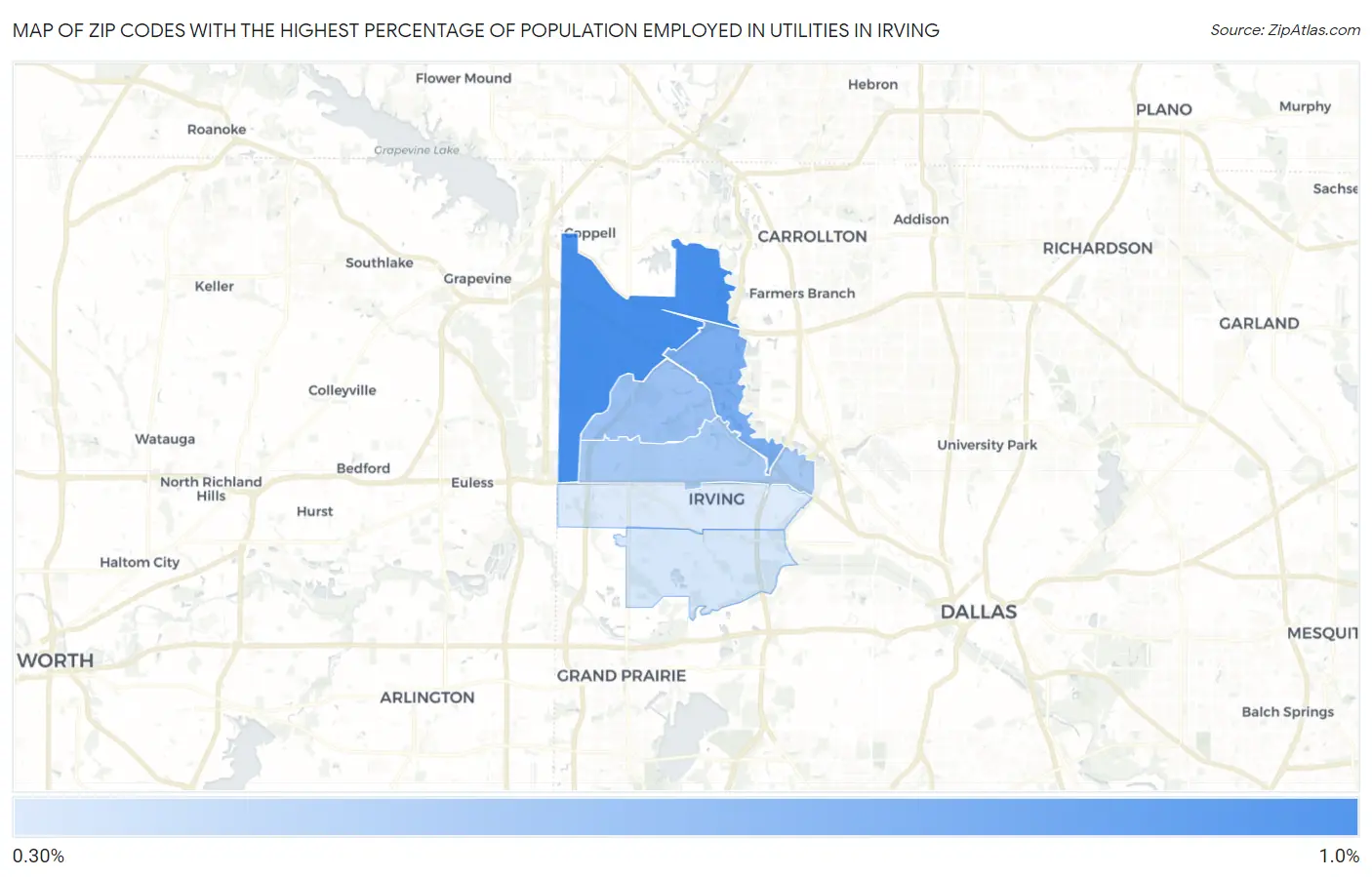 Zip Codes with the Highest Percentage of Population Employed in Utilities in Irving Map