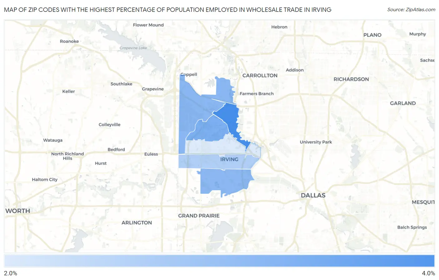 Zip Codes with the Highest Percentage of Population Employed in Wholesale Trade in Irving Map