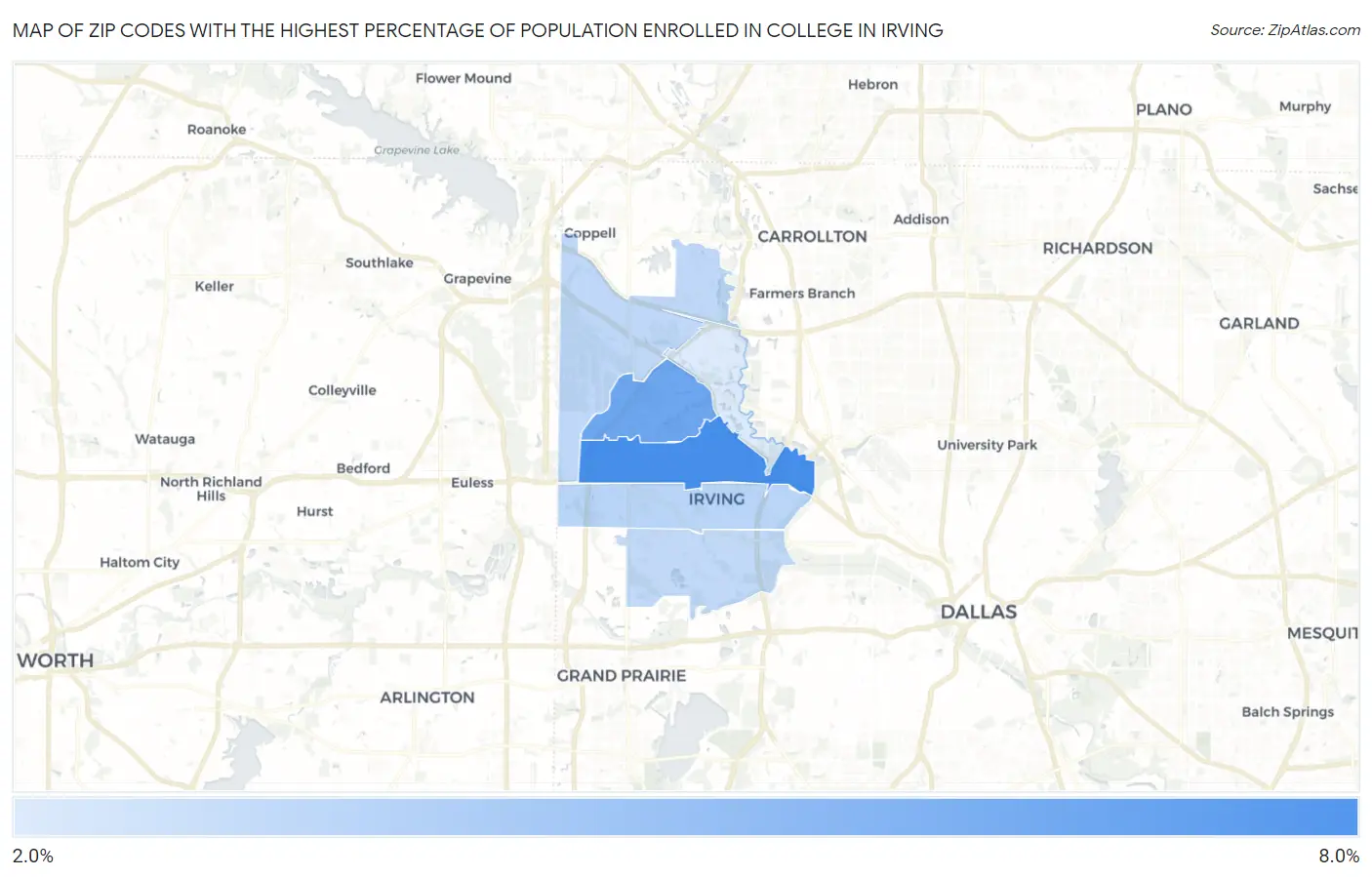 Zip Codes with the Highest Percentage of Population Enrolled in College in Irving Map