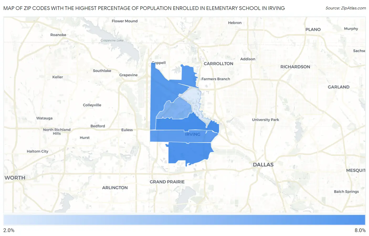 Zip Codes with the Highest Percentage of Population Enrolled in Elementary School in Irving Map