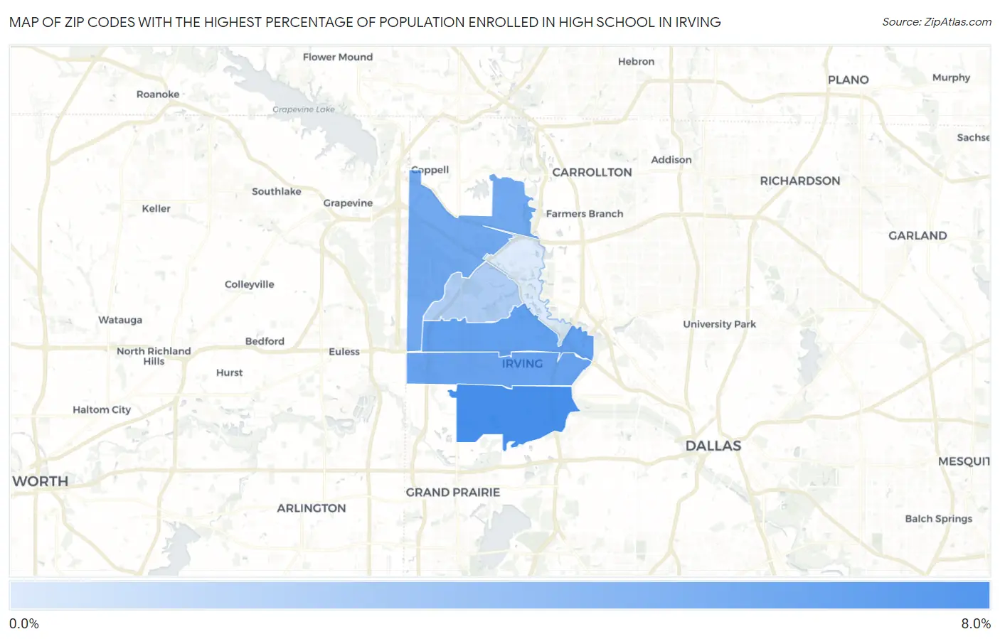 Zip Codes with the Highest Percentage of Population Enrolled in High School in Irving Map