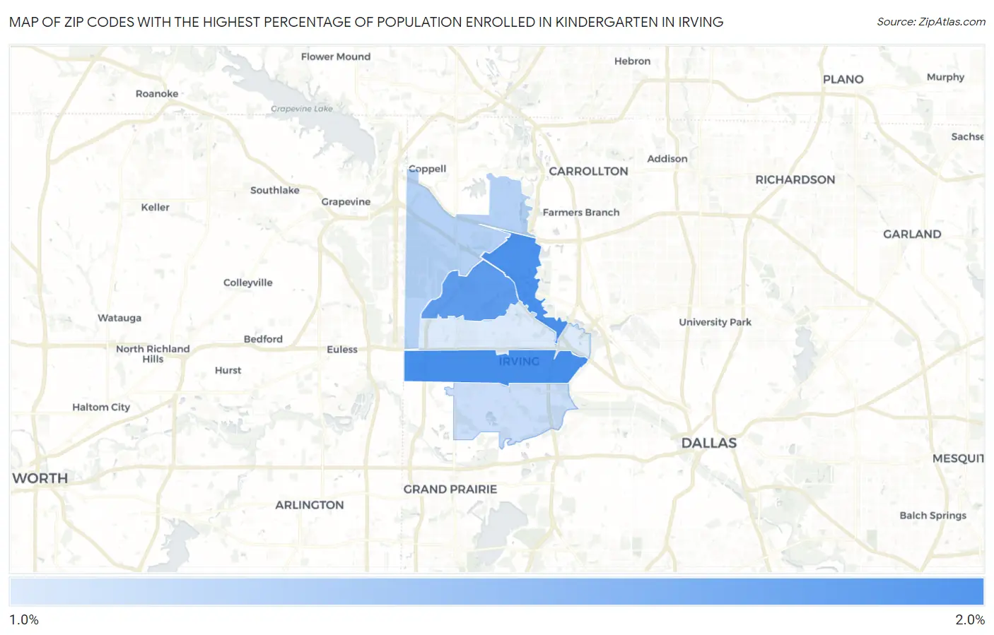 Zip Codes with the Highest Percentage of Population Enrolled in Kindergarten in Irving Map