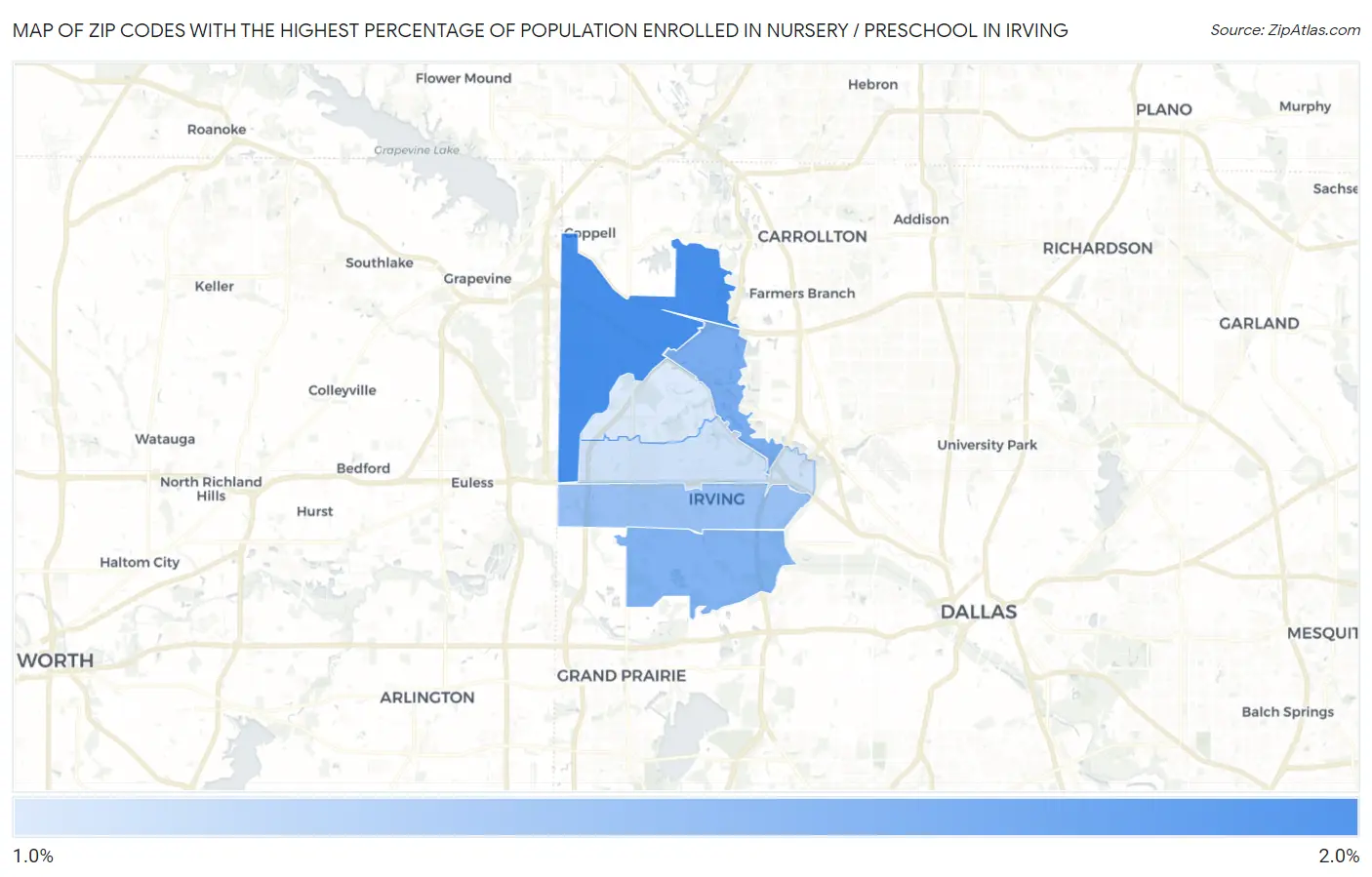 Zip Codes with the Highest Percentage of Population Enrolled in Nursery / Preschool in Irving Map