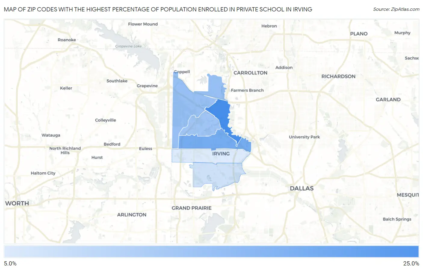 Zip Codes with the Highest Percentage of Population Enrolled in Private School in Irving Map