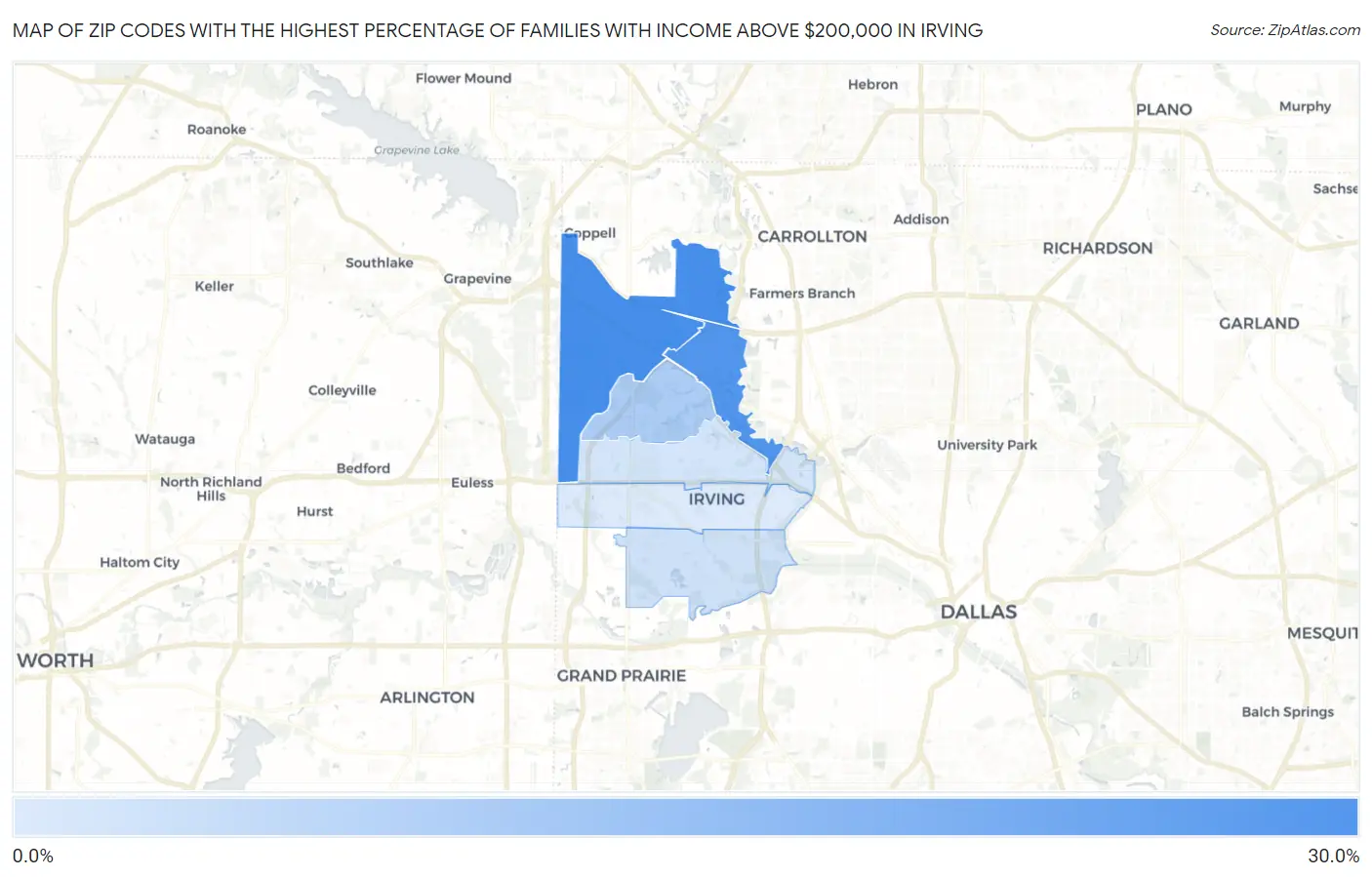 Zip Codes with the Highest Percentage of Families with Income Above $200,000 in Irving Map