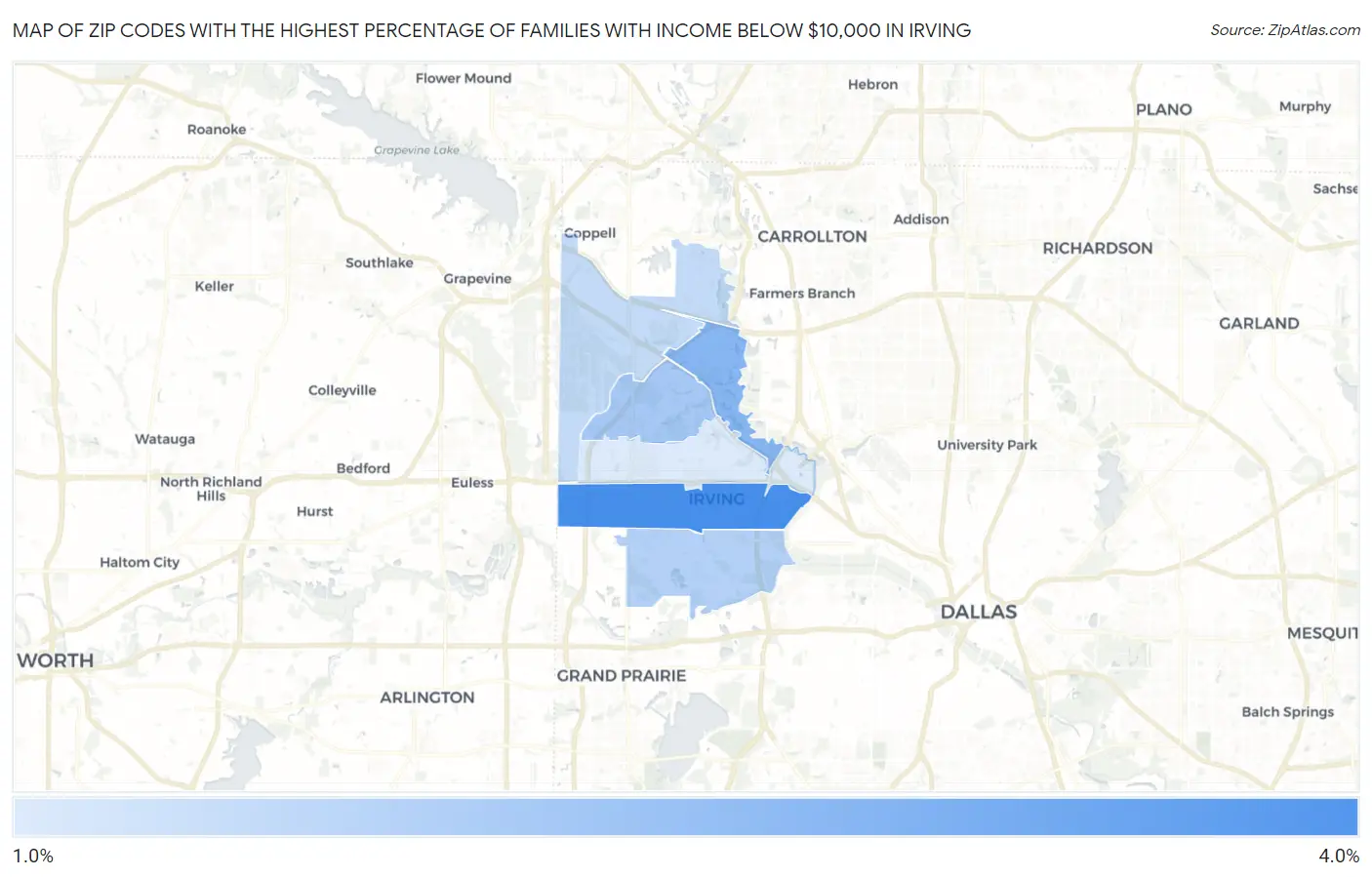 Zip Codes with the Highest Percentage of Families with Income Below $10,000 in Irving Map