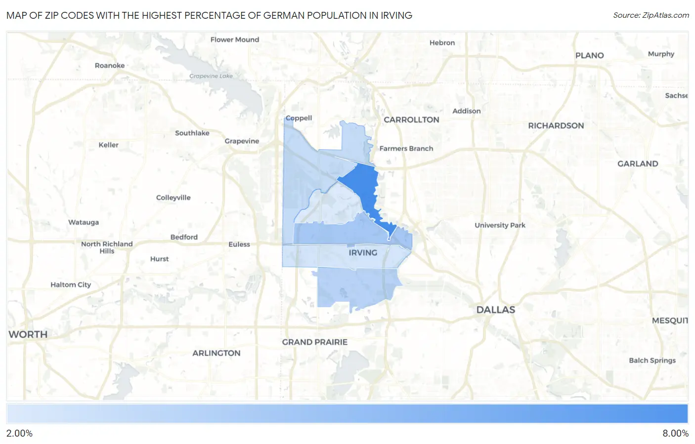 Zip Codes with the Highest Percentage of German Population in Irving Map