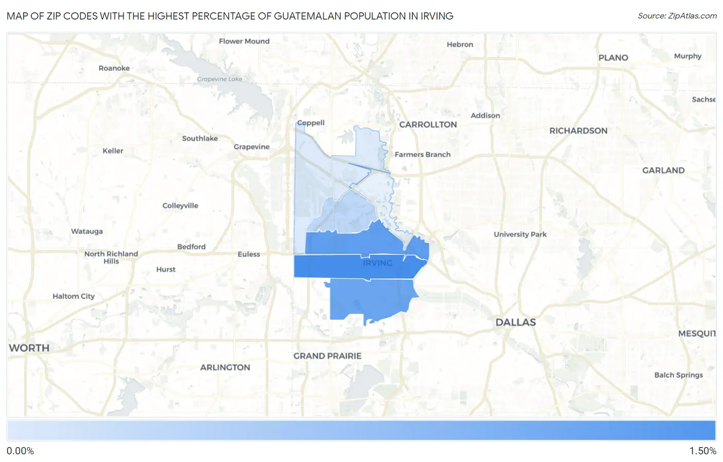 Zip Codes with the Highest Percentage of Guatemalan Population in Irving Map