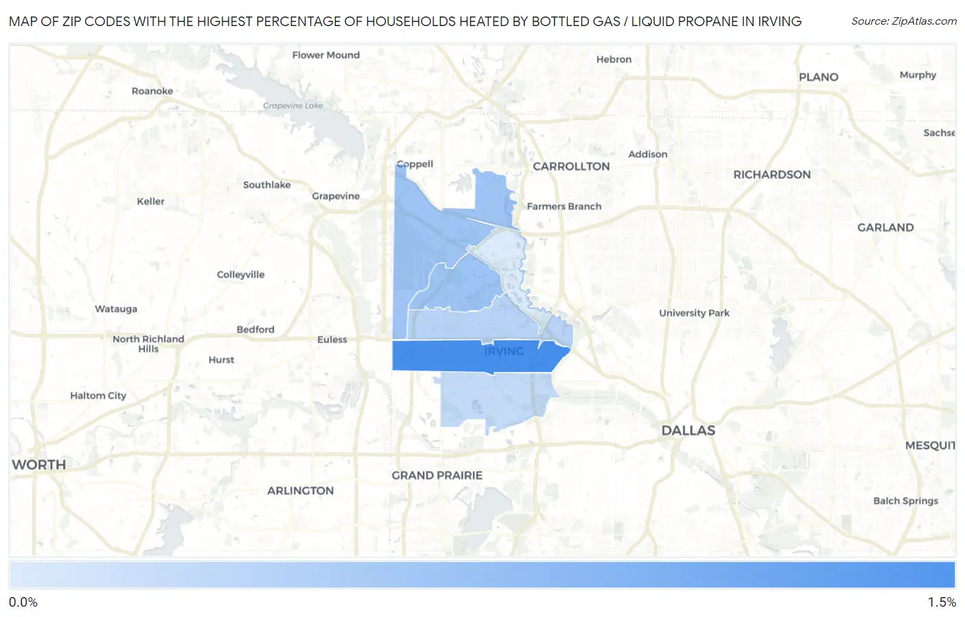 Zip Codes with the Highest Percentage of Households Heated by Bottled Gas / Liquid Propane in Irving Map