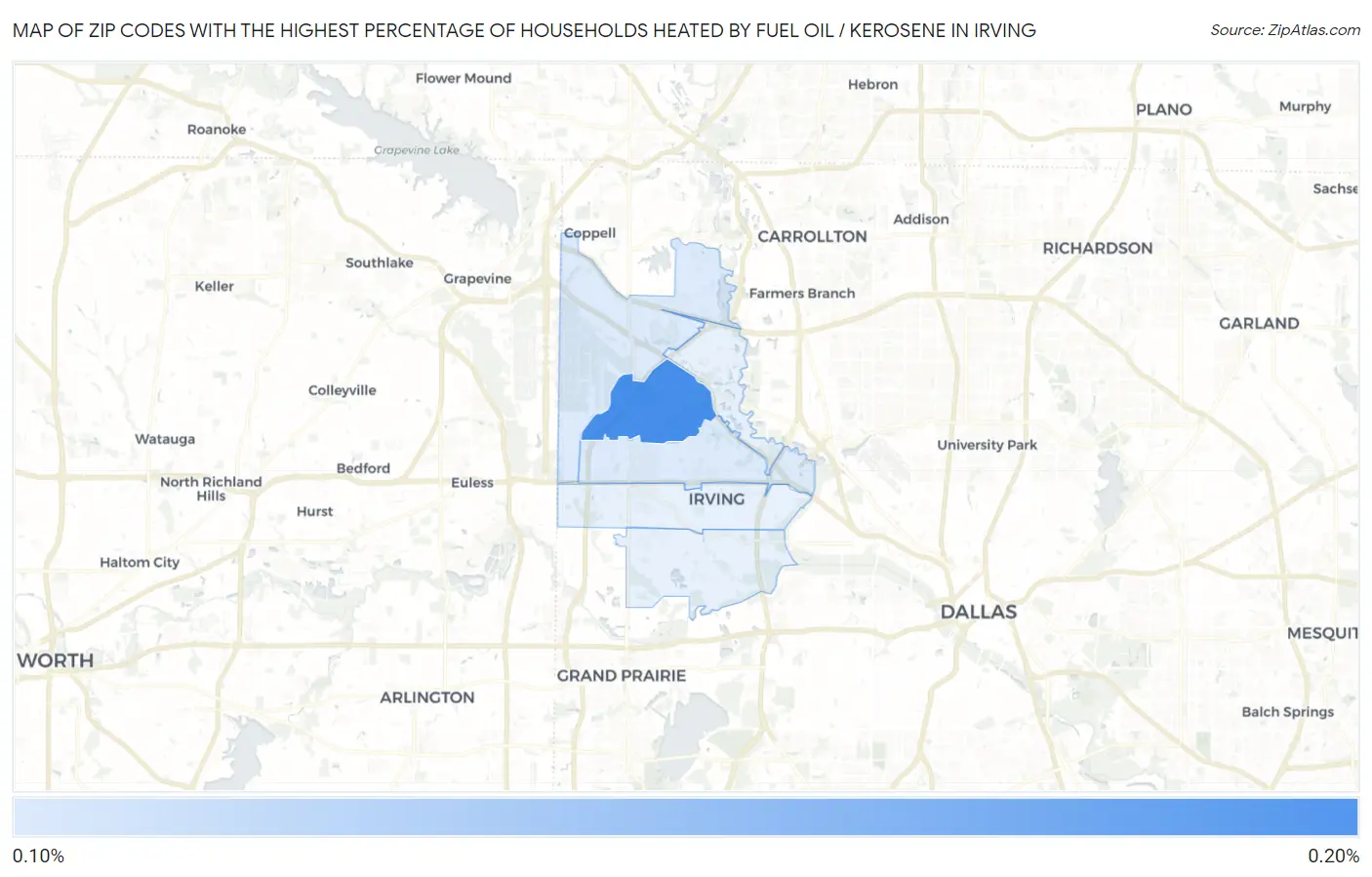 Zip Codes with the Highest Percentage of Households Heated by Fuel Oil / Kerosene in Irving Map