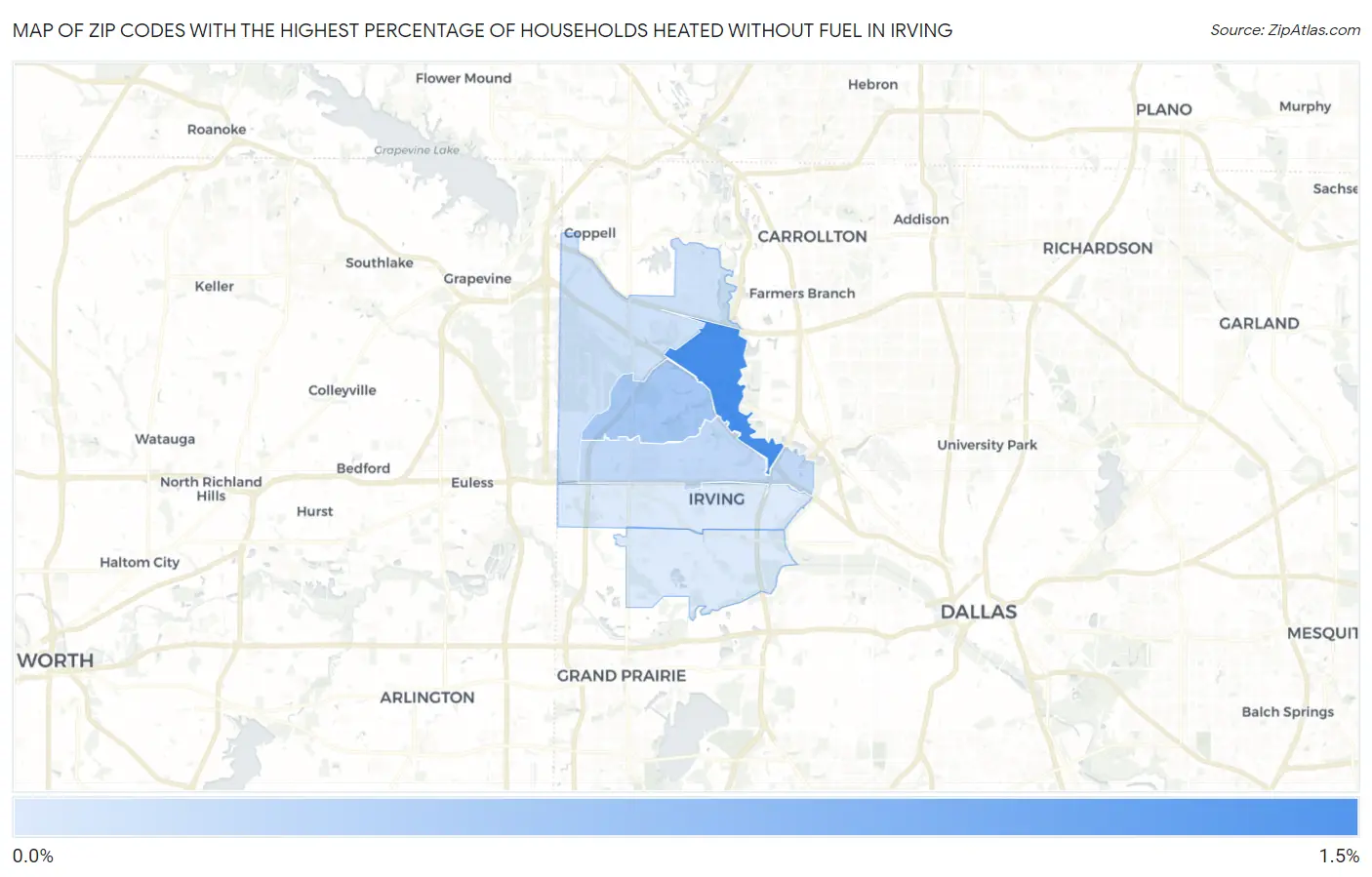 Zip Codes with the Highest Percentage of Households Heated without Fuel in Irving Map