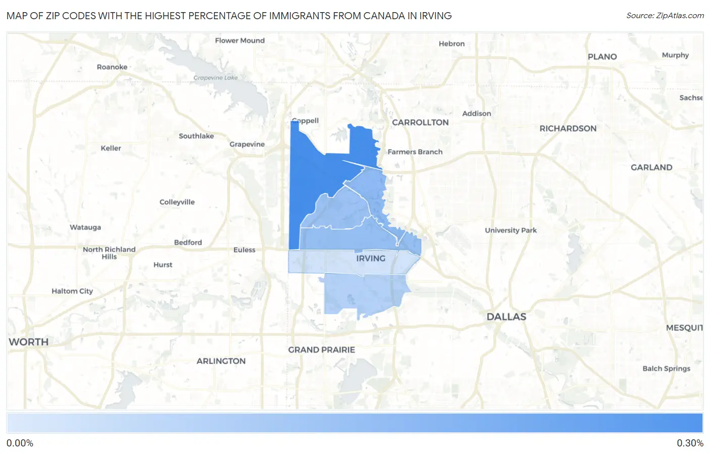 Zip Codes with the Highest Percentage of Immigrants from Canada in Irving Map