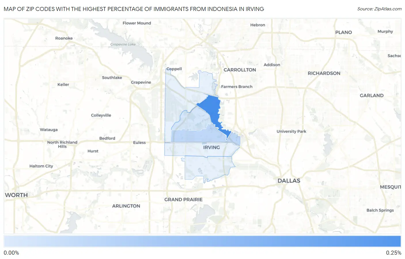 Zip Codes with the Highest Percentage of Immigrants from Indonesia in Irving Map
