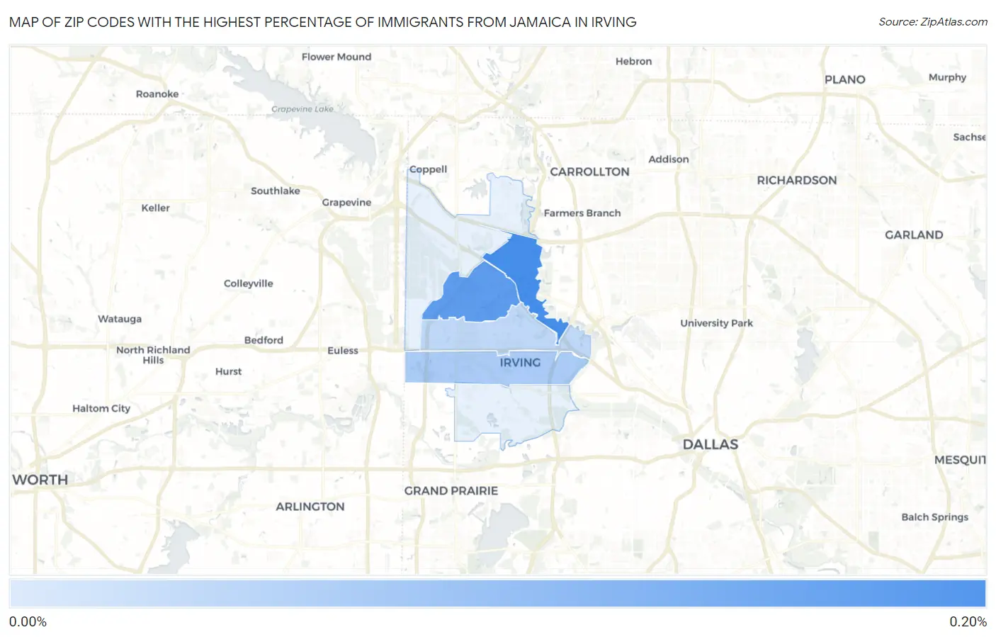 Zip Codes with the Highest Percentage of Immigrants from Jamaica in Irving Map