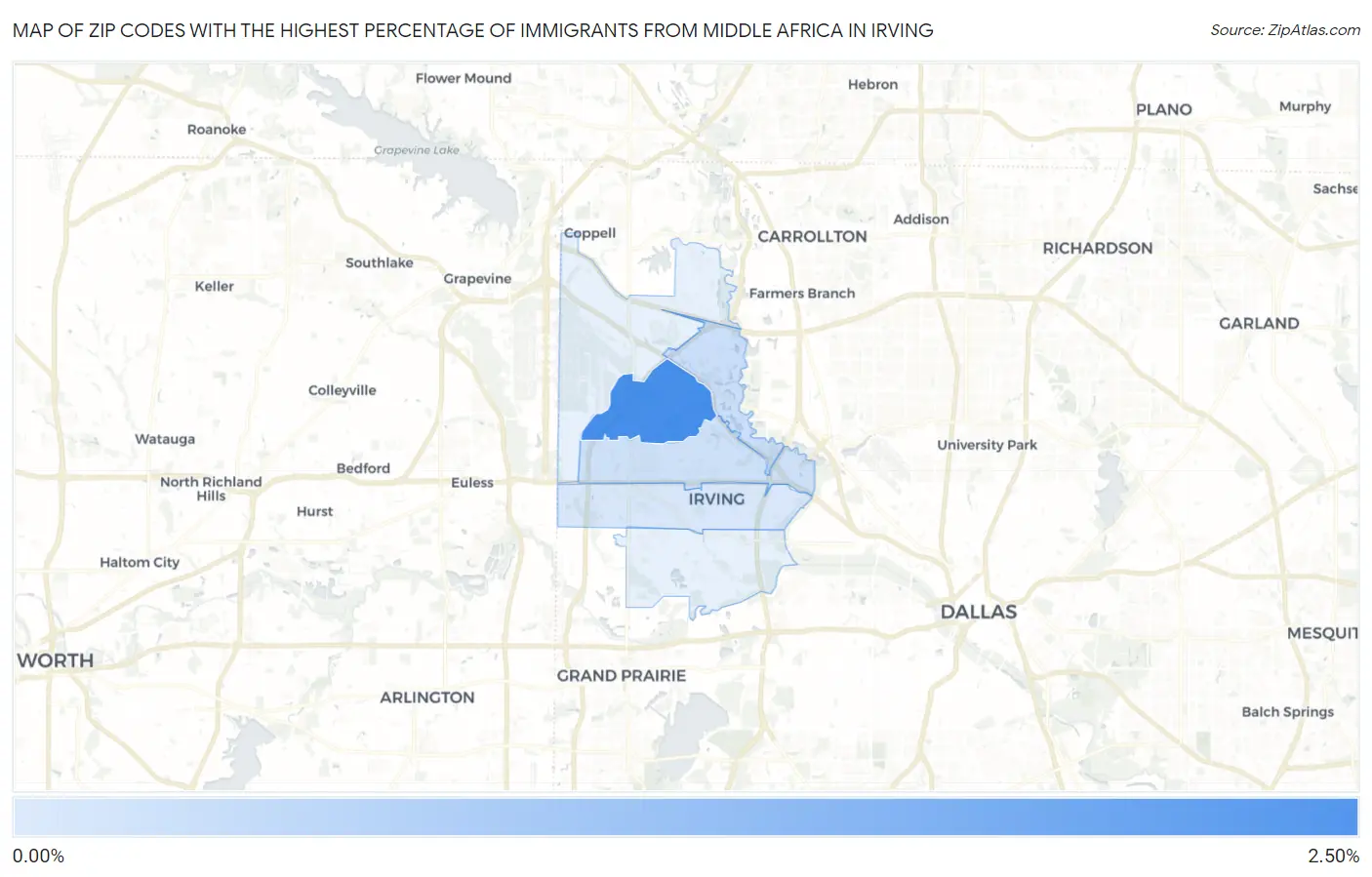 Zip Codes with the Highest Percentage of Immigrants from Middle Africa in Irving Map