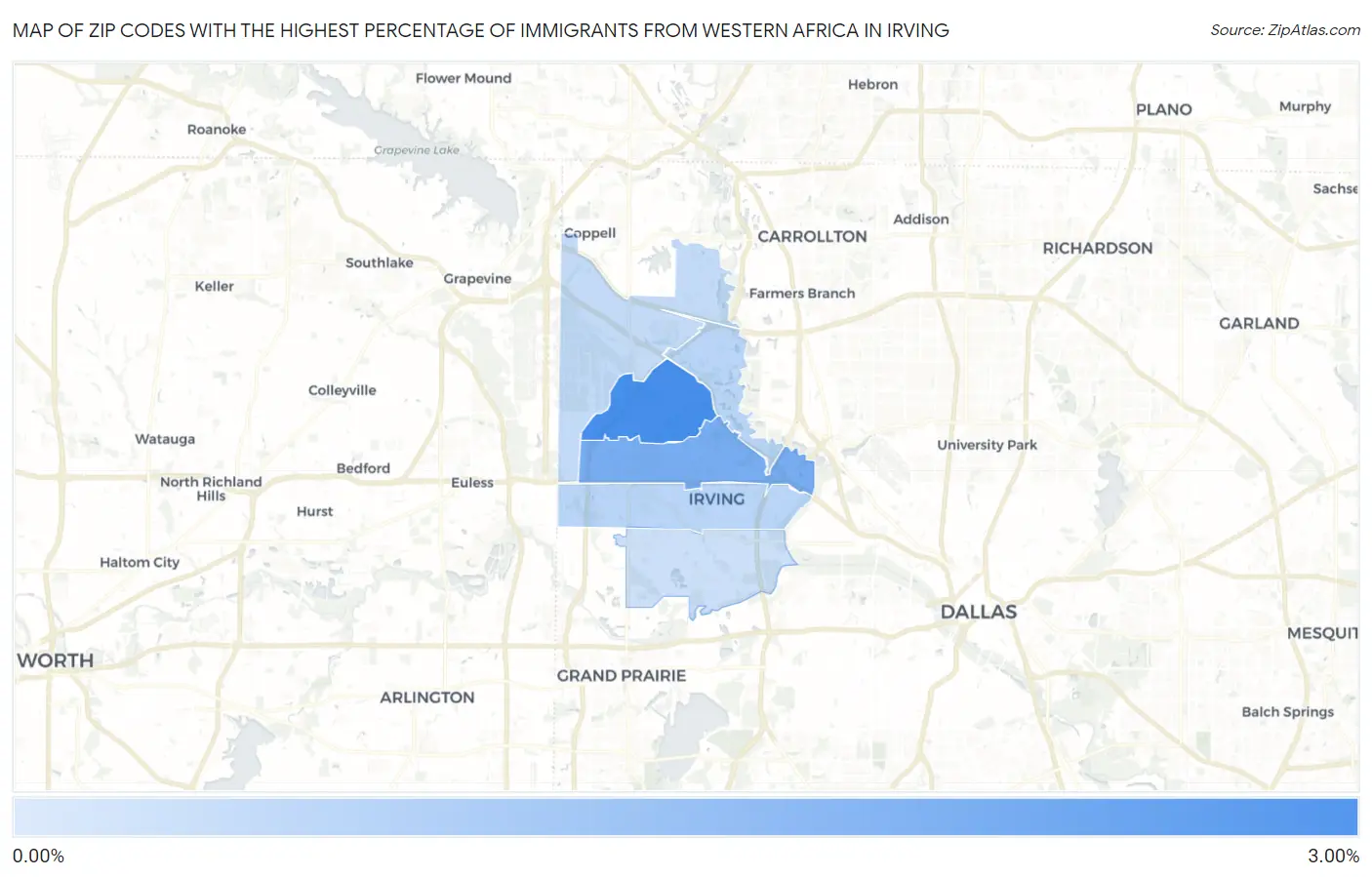 Zip Codes with the Highest Percentage of Immigrants from Western Africa in Irving Map
