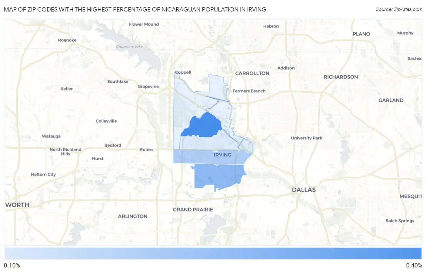 Zip Codes with the Highest Percentage of Nicaraguan Population in Irving Map
