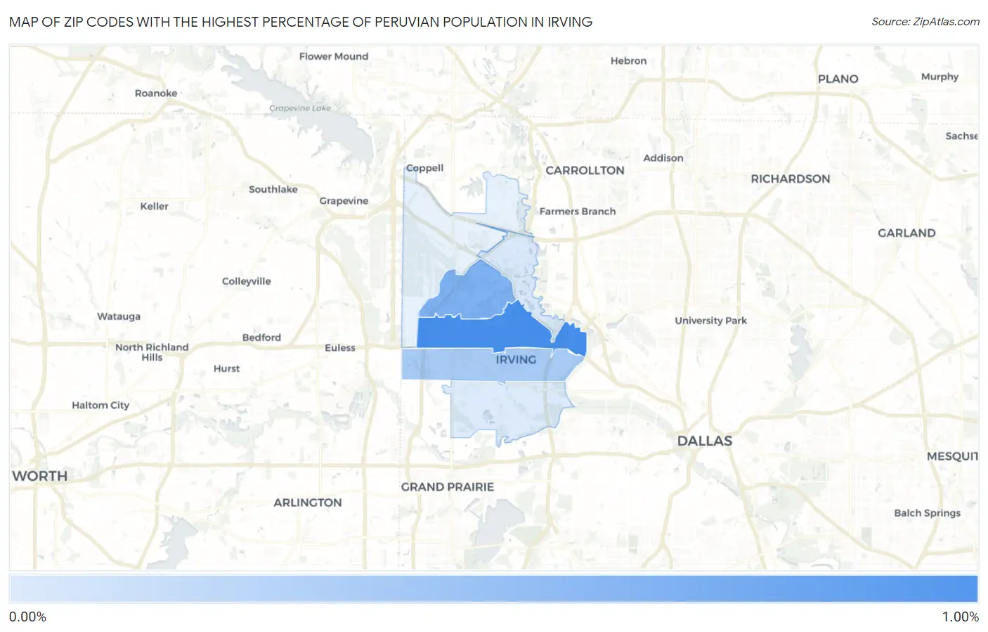 Zip Codes with the Highest Percentage of Peruvian Population in Irving Map