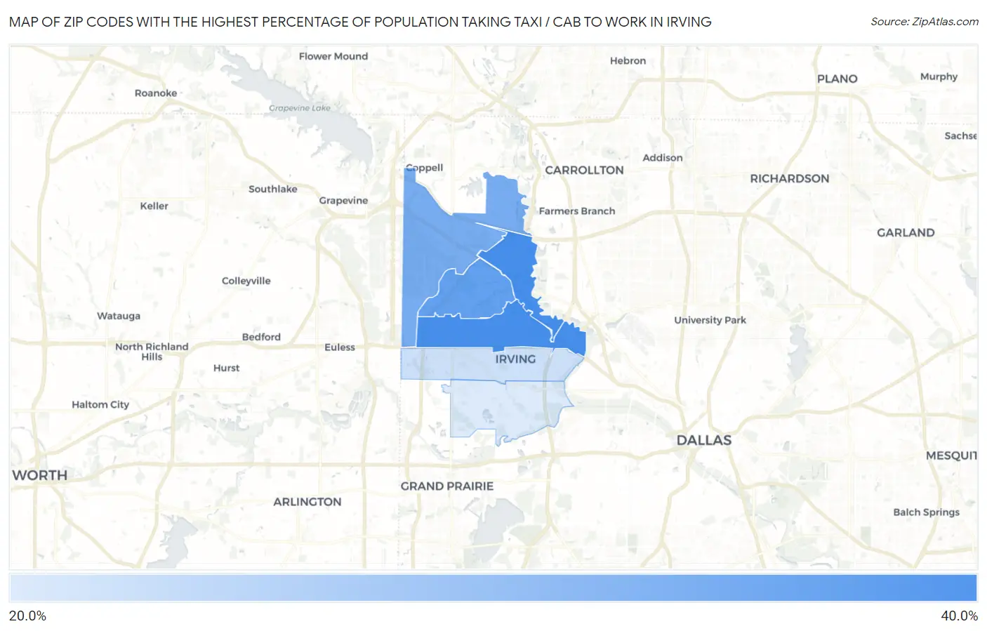 Zip Codes with the Highest Percentage of Population Taking Taxi / Cab to Work in Irving Map