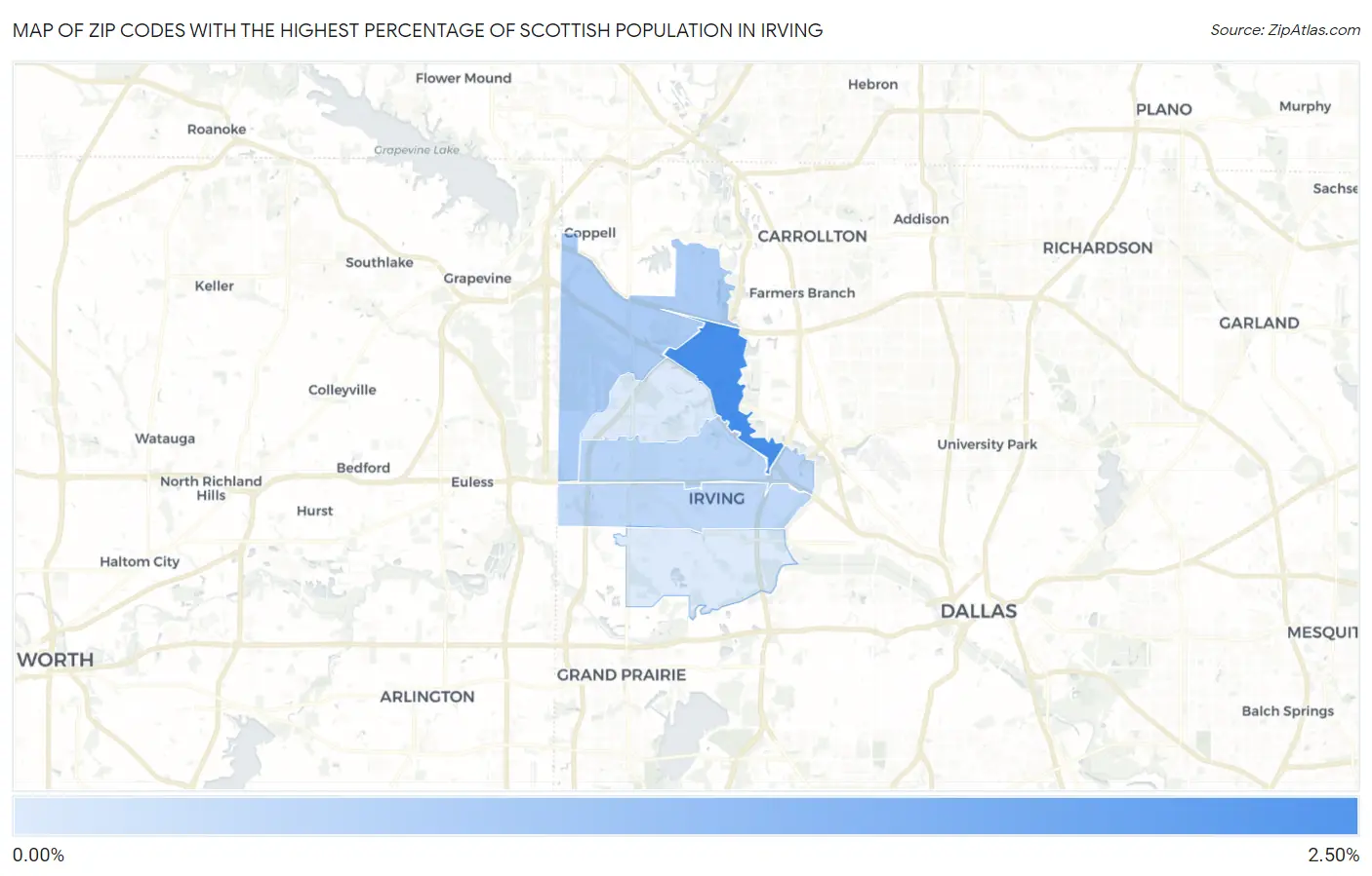 Zip Codes with the Highest Percentage of Scottish Population in Irving Map