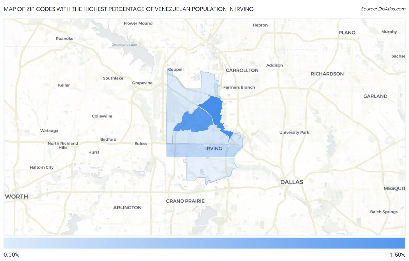 Zip Codes with the Highest Percentage of Venezuelan Population in Irving Map