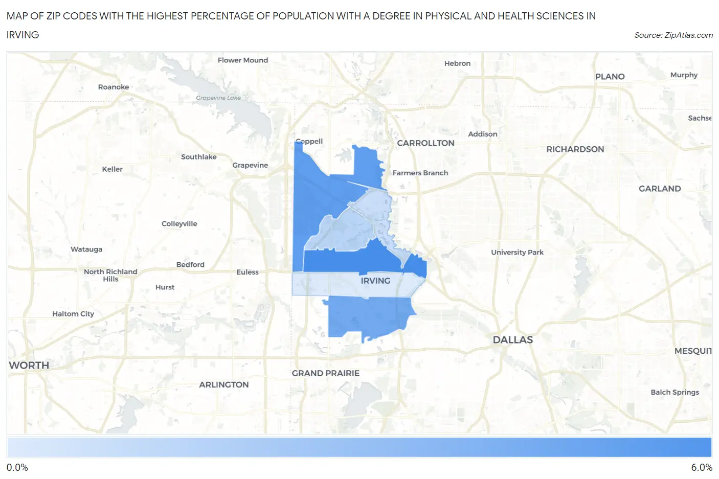 Zip Codes with the Highest Percentage of Population with a Degree in Physical and Health Sciences in Irving Map