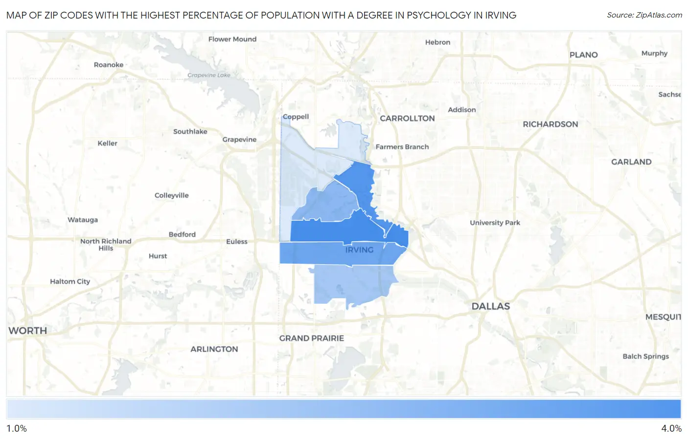 Zip Codes with the Highest Percentage of Population with a Degree in Psychology in Irving Map