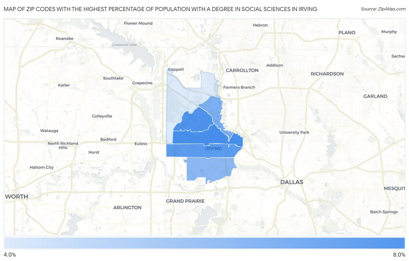 Zip Codes with the Highest Percentage of Population with a Degree in Social Sciences in Irving Map