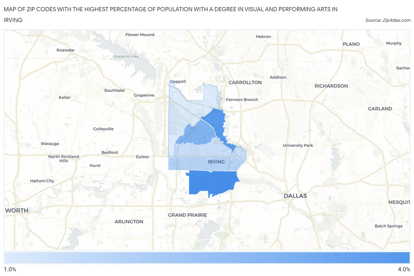 Zip Codes with the Highest Percentage of Population with a Degree in Visual and Performing Arts in Irving Map