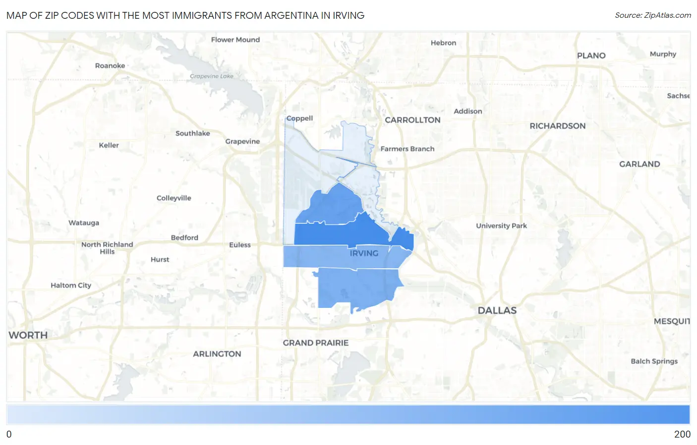 Zip Codes with the Most Immigrants from Argentina in Irving Map