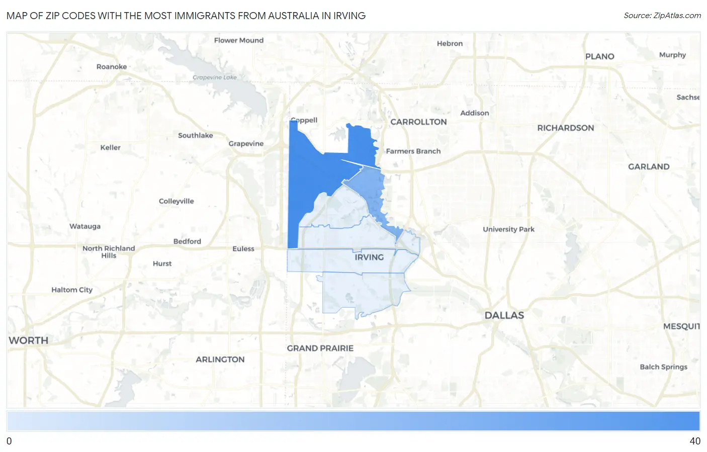 Zip Codes with the Most Immigrants from Australia in Irving Map