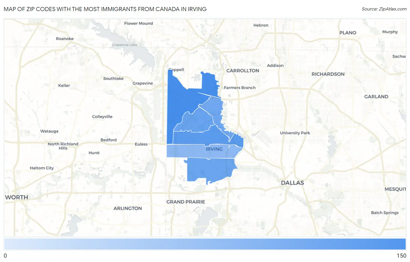 Zip Codes with the Most Immigrants from Canada in Irving Map