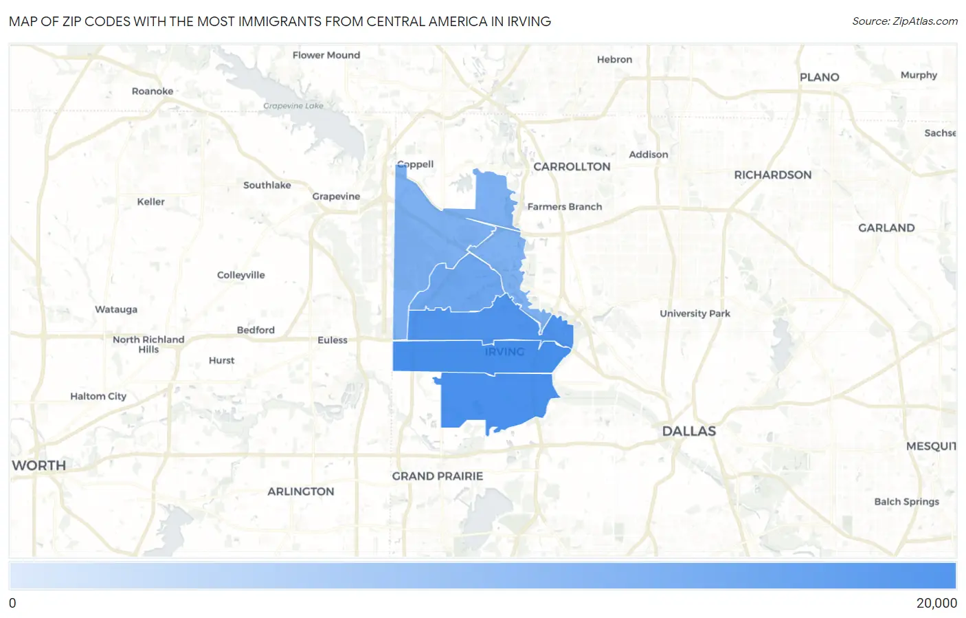 Zip Codes with the Most Immigrants from Central America in Irving Map