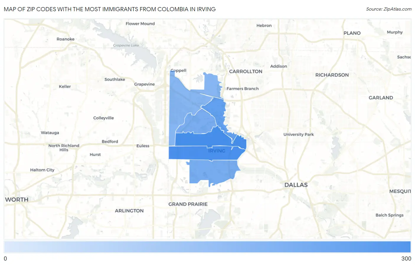 Zip Codes with the Most Immigrants from Colombia in Irving Map
