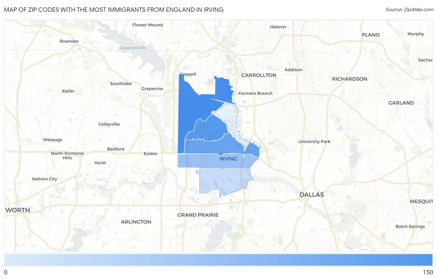 Zip Codes with the Most Immigrants from England in Irving Map