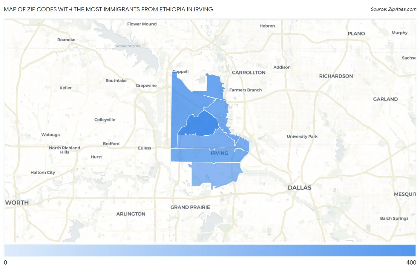 Zip Codes with the Most Immigrants from Ethiopia in Irving Map