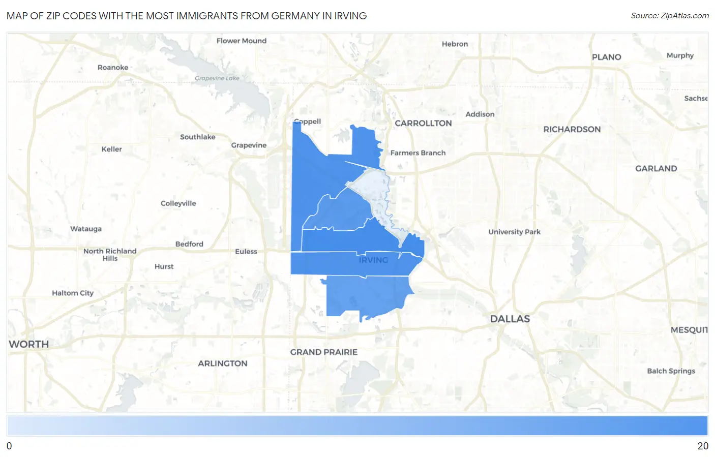 Zip Codes with the Most Immigrants from Germany in Irving Map