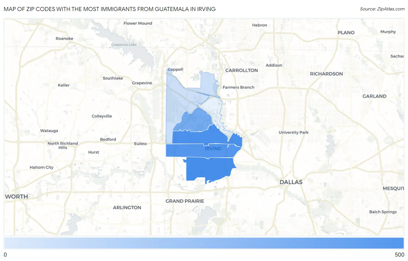 Zip Codes with the Most Immigrants from Guatemala in Irving Map
