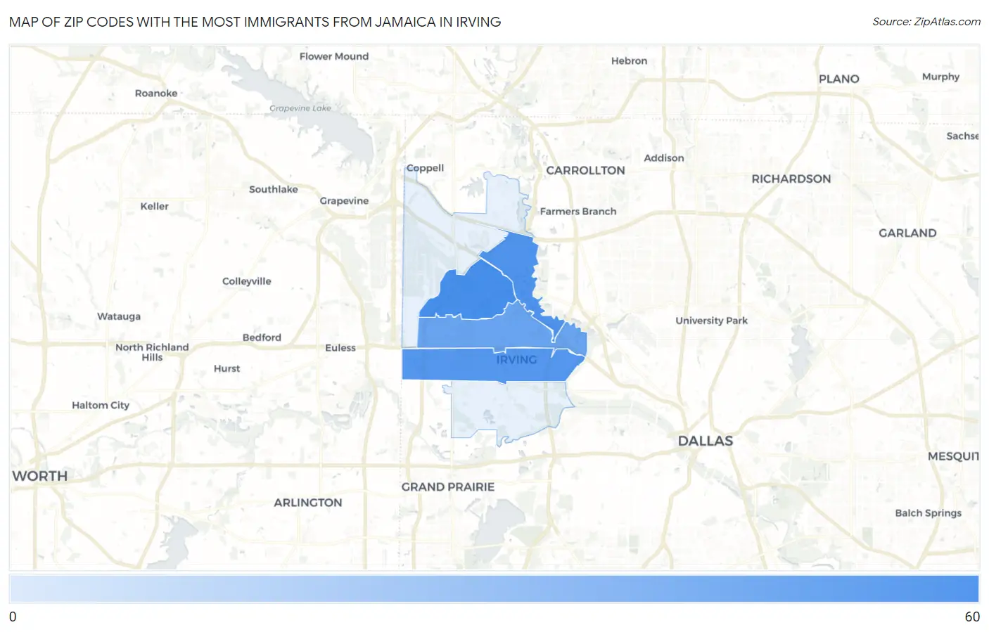 Zip Codes with the Most Immigrants from Jamaica in Irving Map