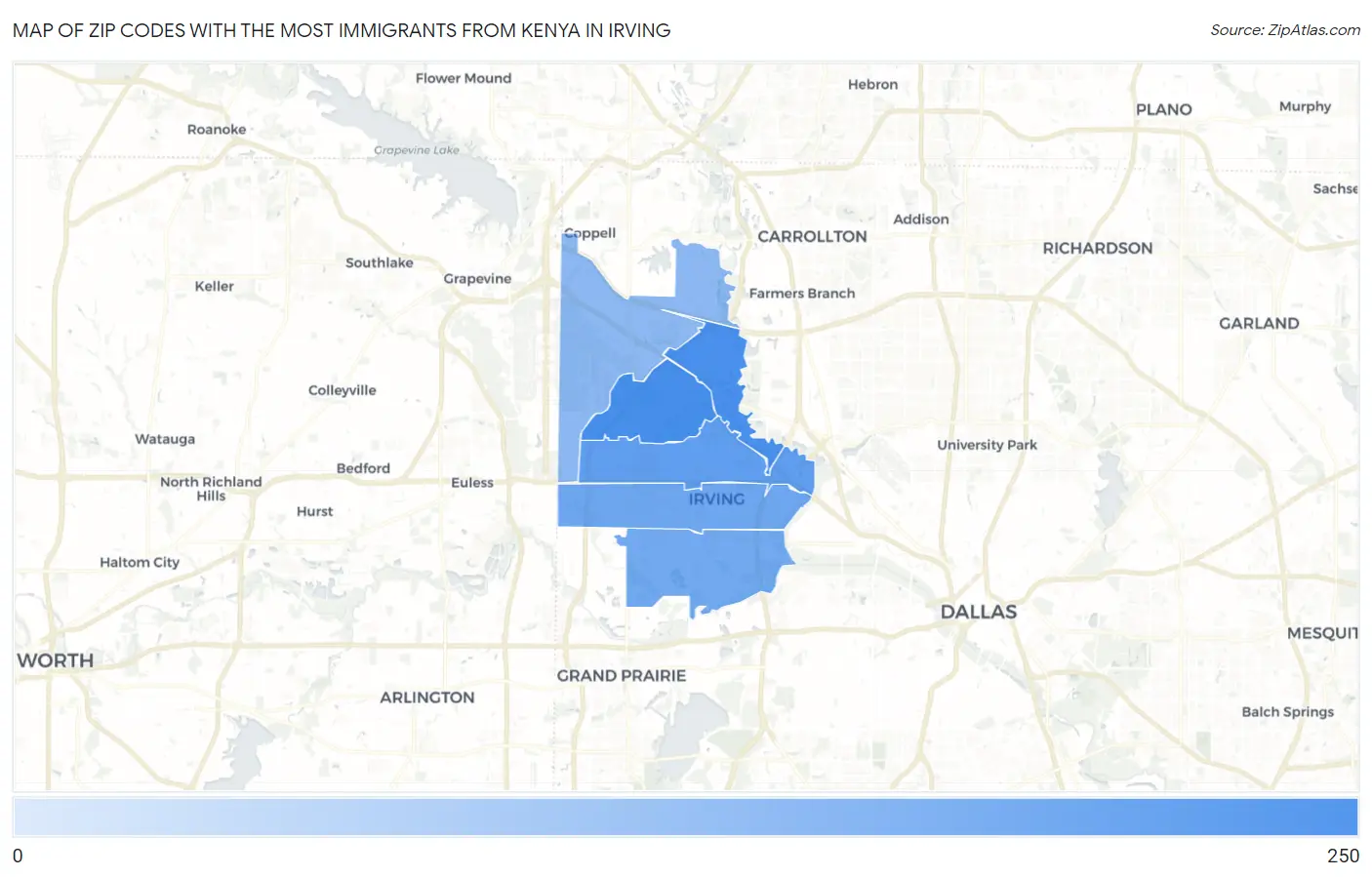 Zip Codes with the Most Immigrants from Kenya in Irving Map