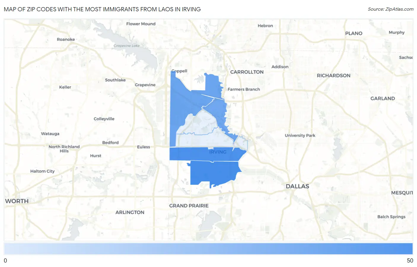 Zip Codes with the Most Immigrants from Laos in Irving Map