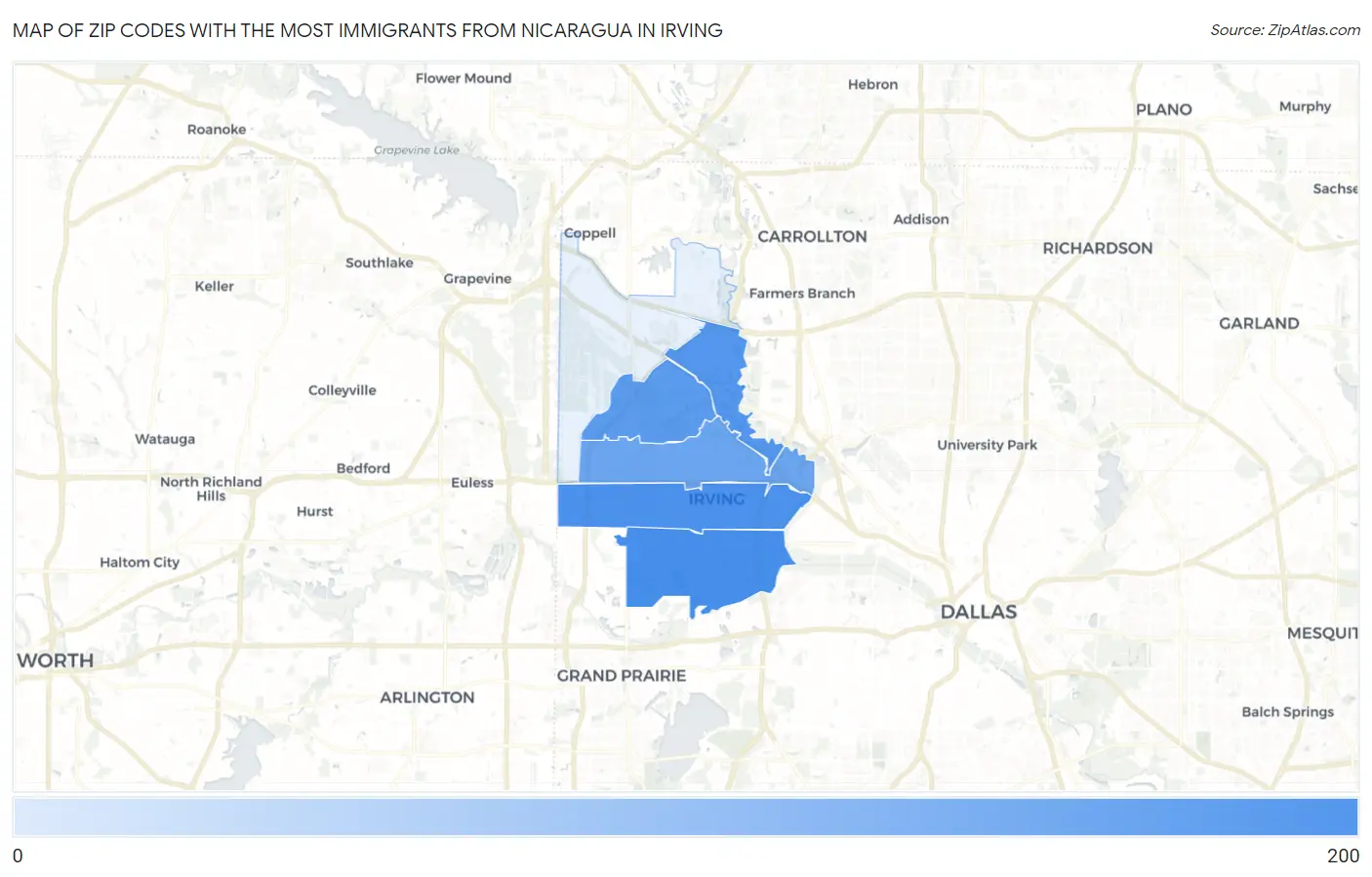 Zip Codes with the Most Immigrants from Nicaragua in Irving Map
